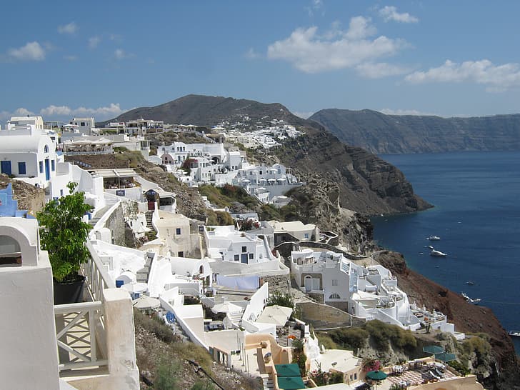 the sky, ships, Santorini, Greece, The Aegean sea, rocky shore, white houses, HD wallpaper