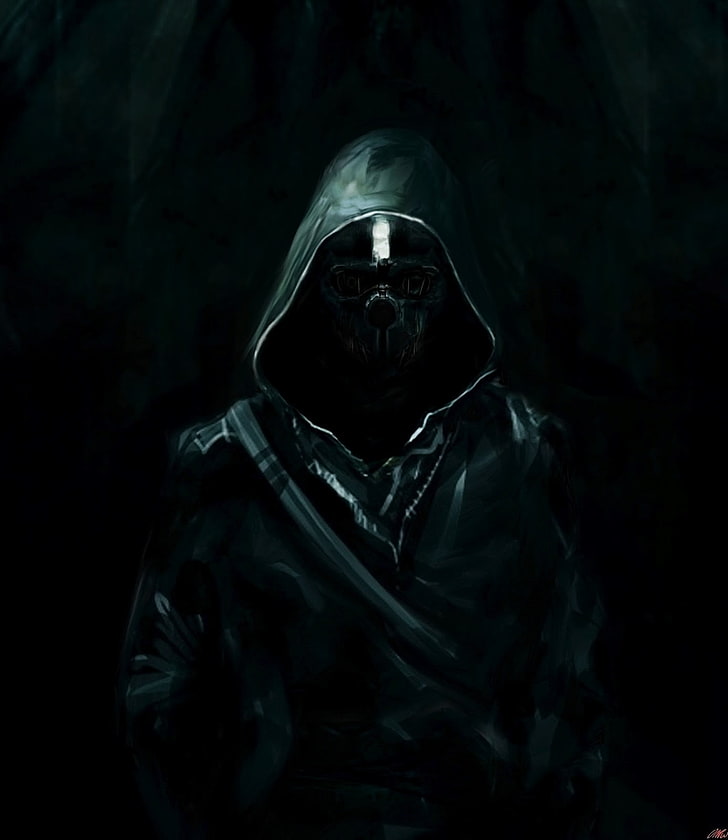 homem com capuz de couro preto com zíper, Dishonored, arte dos fãs, Corvo, videogames, HD papel de parede, papel de parede de celular