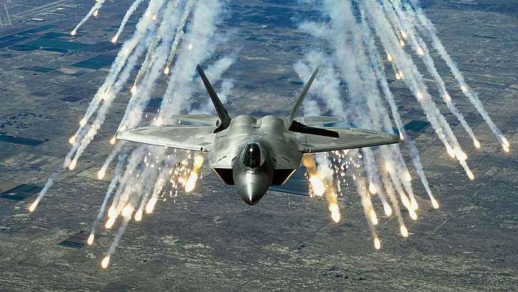 gray jet dropping flare, Raptor F-22, Martin, shooting, stealth, air superiority fighter, U.S. Air Force, HD wallpaper