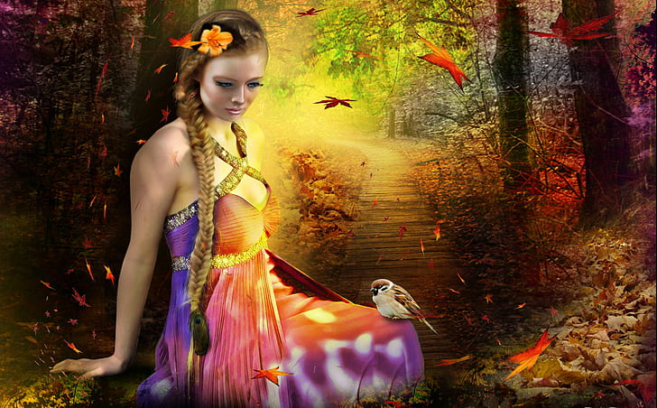 осень, тесьма, платье, фэнтези, цветы, девушка, волосы, ресницы, листья, макияж, настроение, птица, дорожка, деревья, вверх, HD обои