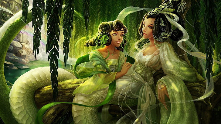 zwei Frauen malen, Kunstwerke, Fantasy-Kunst, Lamia, Mythologie, Reben, Tentakeln, HD-Hintergrundbild