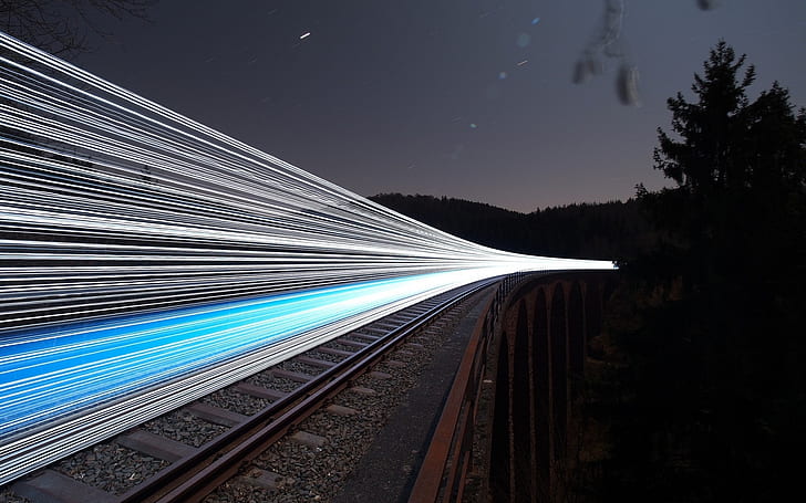 kereta api, malam, gelap, pencahayaan panjang, jalur cahaya, cyan, Wallpaper HD