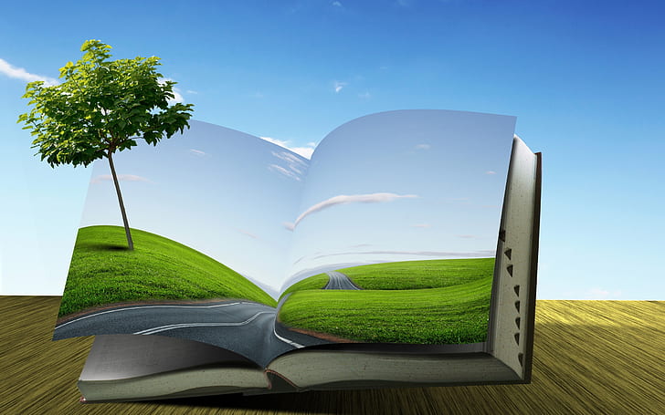 Книга, облаци, креатив, поле, полета, пейзажи, манипулация, път, пътища, небе, дърво, HD тапет