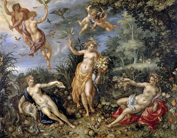 fleurs, image, genre, mythologie, Les Quatre Eléments, Jan Brueghel l'ancien, Fond d'écran HD
