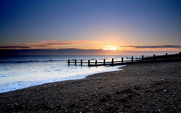 brown dock beside black sand at sunset, sunset, beach, sky, sunlight, horizon, sea, HD wallpaper