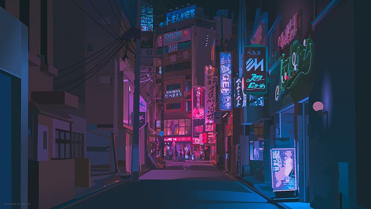 Japonia, neon, sztuka cyfrowa, grafika, cyfrowa, neon, Tapety HD