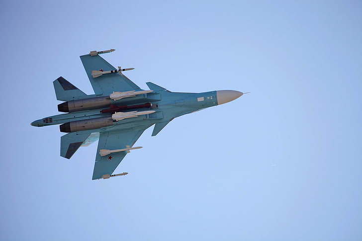 blue and gray jet, the sky, flight, time, the plane, fighter, shooting, bomber, BBC, generation, defender, aerobatics, OKB, Russian, Dry, frontline, Russia., any, developer, days, surface, goals, land, SU-34, precision, MAKS-2015, HD wallpaper