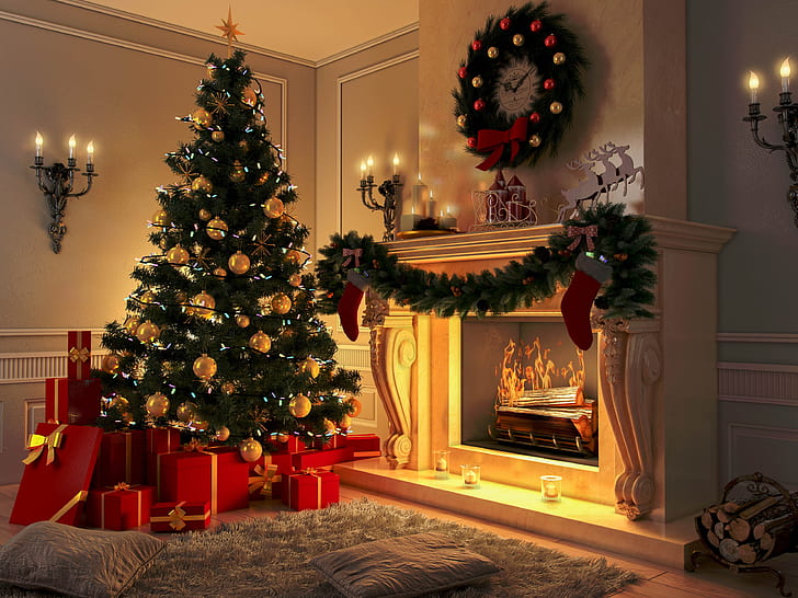 décoration, jouets, arbre, nouvel an, Noël, cheminée, conception, joyeux Noël, Noël, intérieur, maison, arbre de Noël, cadeaux, célébration de vacances, Fond d'écran HD