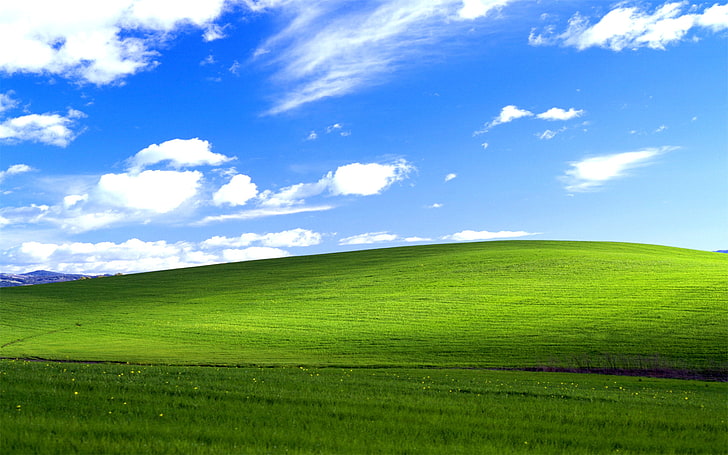 clouds, field, grass, Hill, landscape, nature, sky, Windows XP, HD wallpaper