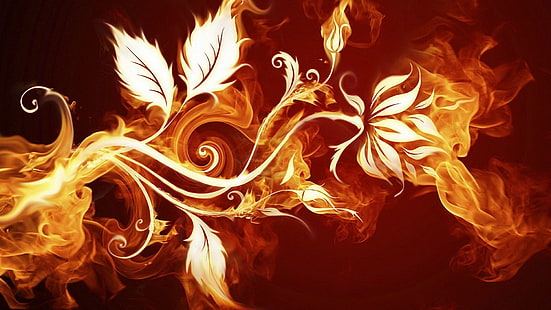 flaming rose flower clip art, flame and flower digital wallpaper, fire, leaves, vector, digital art, artwork, HD wallpaper HD wallpaper