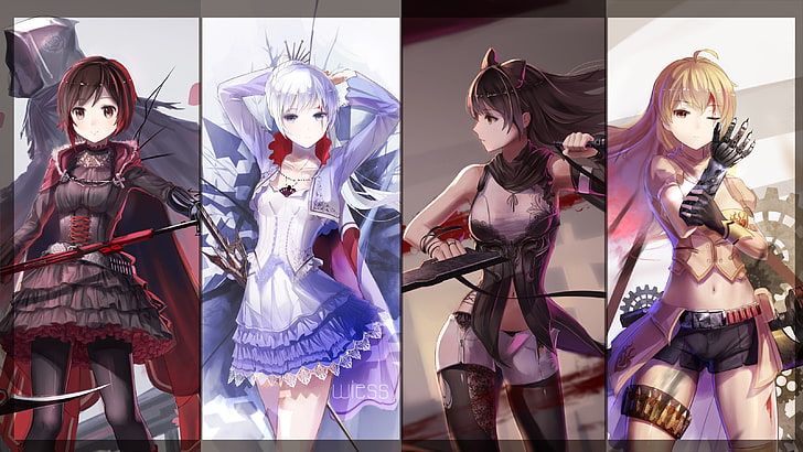 four anime characters illustration, RWBY, Weiss Schnee, Ruby Rose (character), Blake Belladonna, Yang Xiao Long, anime, anime girls, collage, skirt, HD wallpaper