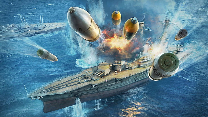 szara ilustracja pancernika, świat okrętów wojennych, sieć do gier wojennych, statki, eksplozja, Tapety HD