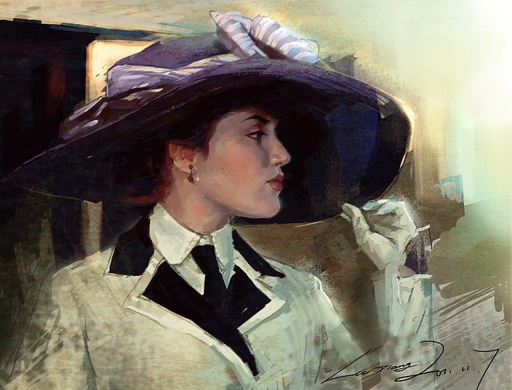 femme au chapeau de soleil bleu peinture, fille, chapeau, art, gants, Titanic, peinture, Kate Winslet, Rose, DeWitt, Bukater, Fond d'écran HD
