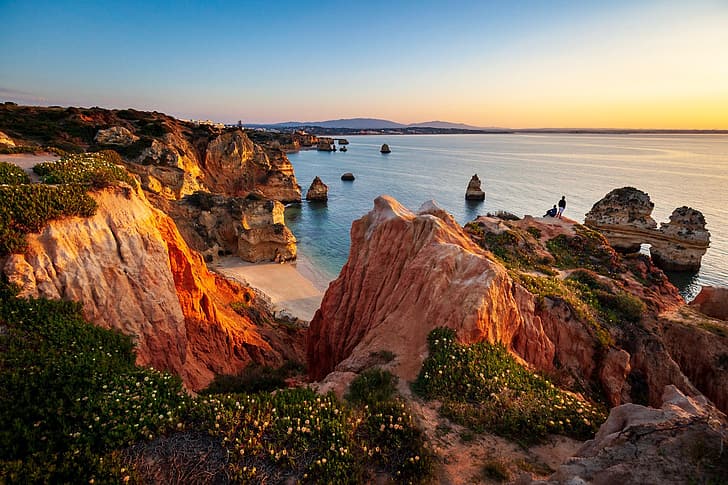 paisaje, naturaleza, el océano, rocas, costa, Portugal, Algarve, Fondo de pantalla HD