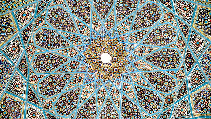 tombe, ceiling, iran, shiraz, pattern, symmetry, design, line, textile, dome, circle, mosaic, texture, HD wallpaper