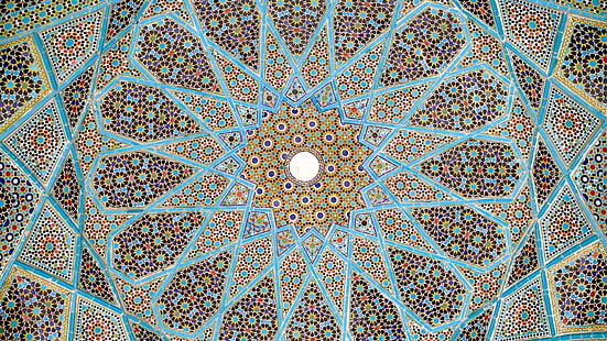 tombe, ceiling, iran, shiraz, pattern, symmetry, design, line, textile, dome, circle, mosaic, texture, HD wallpaper HD wallpaper