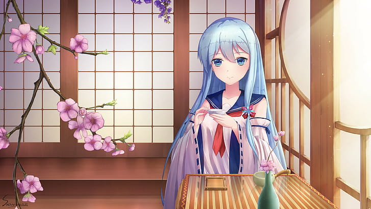 Anime, Anime Girls, lange Haare, blaue Haare, blaue Augen, HD-Hintergrundbild