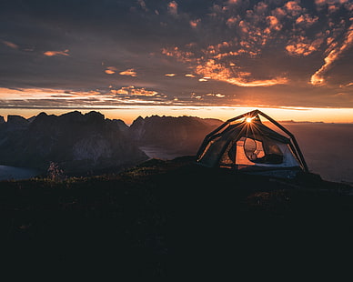 tenda a cupola nera e grigia, montagne, paesaggio, campeggio, alba, tenda, natura, sole, nuvole, Sfondo HD HD wallpaper