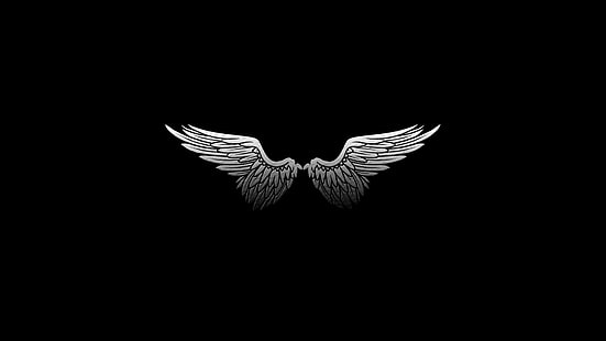 серебряные крылья, черный фон, цифровое искусство, минимализм, крылья, перья, ангел, монохромный, белый, HD обои HD wallpaper
