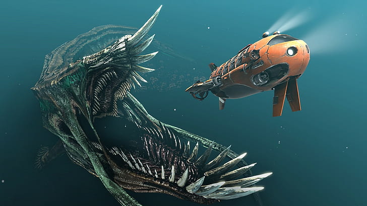 Submarine Monster Giant Underwater HD, orange ubåtillustration, fantasy, monster, undervattens, jätte, ubåt, HD tapet