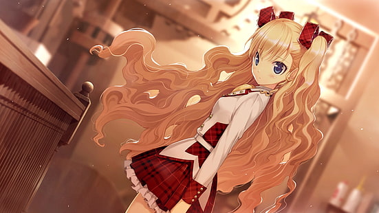personnage d'anime aux cheveux bruns, jupe, fille, fard à joues, yeux bleus, uniforme scolaire, cheveux longs, bandeau, cheveux blonds, nanatsu nofushigino owa rutoki, Fond d'écran HD HD wallpaper