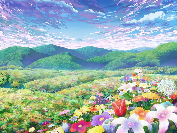 Nubes verdes paisajes flores colinas anime cielos azules Naturaleza Cielo  Arte HD, Fondo de pantalla HD | Wallpaperbetter
