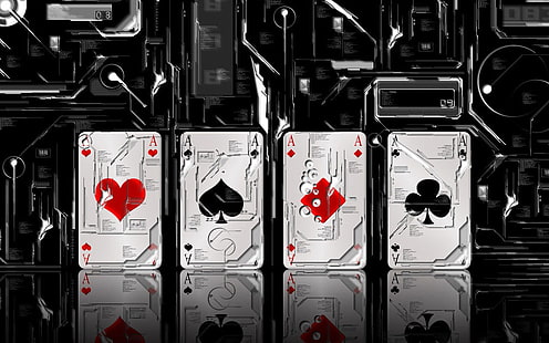 four playing cards, cards, abstract, reflection, technology, HD wallpaper HD wallpaper