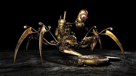 robot, espeluznante, oro, steampunk, relojes de bolsillo, Fondo de pantalla HD HD wallpaper