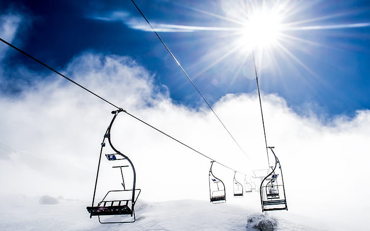 Escape the Storm, black ski lift chairs, mountains, HD wallpaper