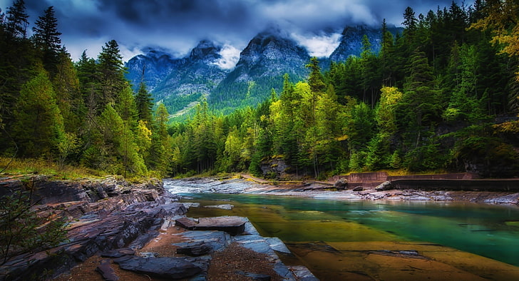 mountains, clouds, forest, river, trees, spring, green, nature, landscape, HD wallpaper