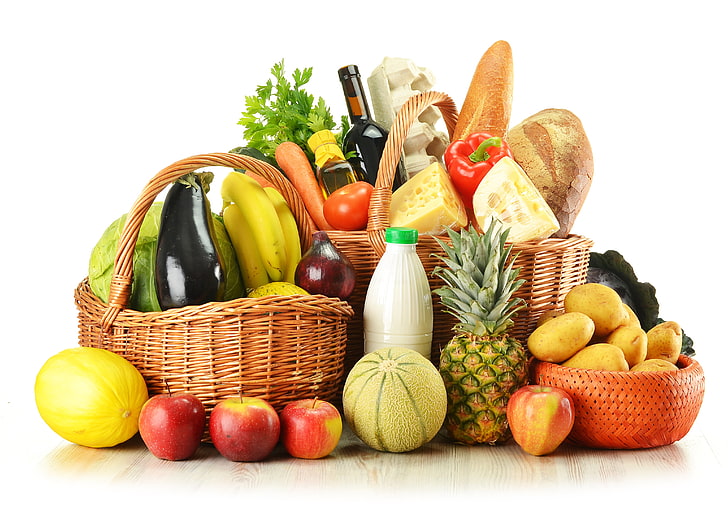 fruits, vegetables and wines in basket, greens, wine, apples, eggs, cheese, bow, bread, bananas, eggplant, bottle, fruit, pineapple, cabbage, melon, basket, potatoes, pepper, products, HD wallpaper