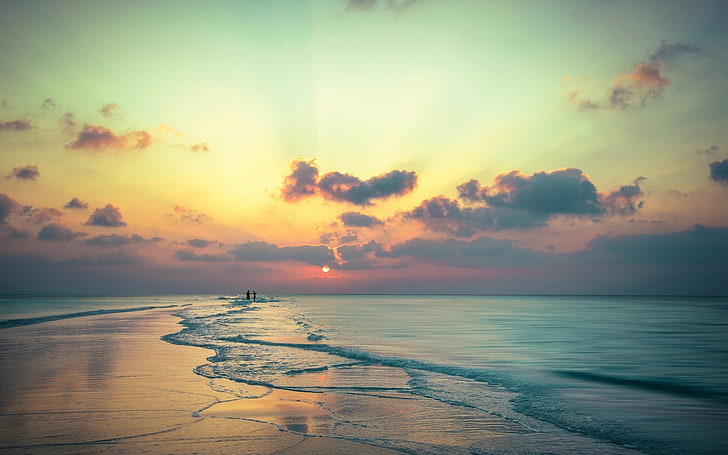 bord de mer, plage, coucher de soleil, mer, Fond d'écran HD