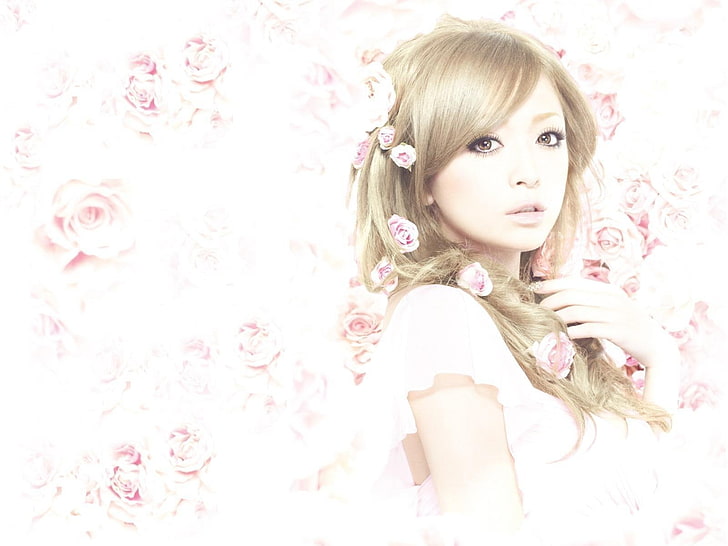 blusa branca feminina, rosas, beleza, glamour, Ayumi Hamasaki, HD papel de parede