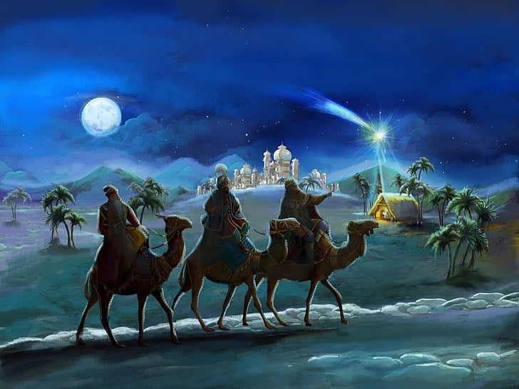 Праздник, Рождество, Верблюд, Пустыня, Луна, Ночь, Дворец, Звезда, Три Мудреца, HD обои