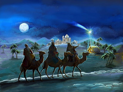 Holiday, Christmas, Camel, Desert, Moon, Night, Palace, Star, The Three Wise Men, HD wallpaper HD wallpaper