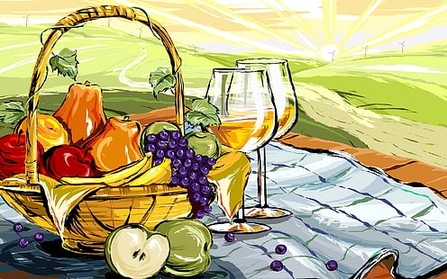 brown basket illustration, landscape, wine, apples, figure, glass, food, vector, grapes, fruit, still life, basket, pear, HD wallpaper HD wallpaper