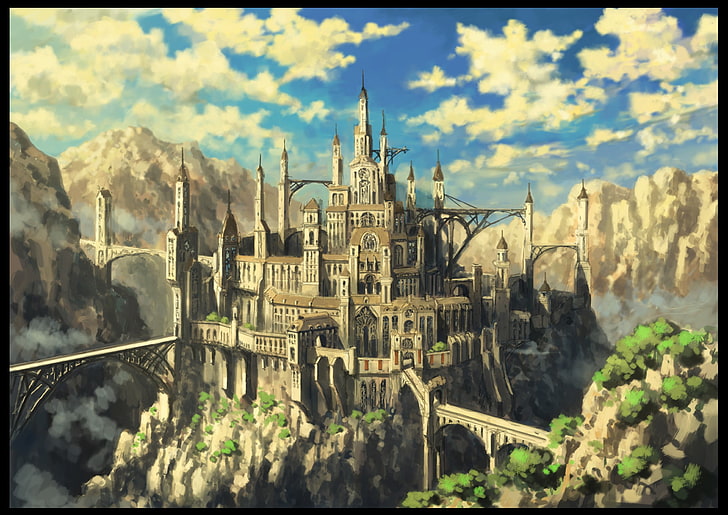 серый замок иллюстрация, замок, фэнтези арт, мост, HD обои