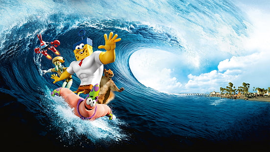 Illustration de Spongebob Squarepants, l'éponge de film spongebob hors de l'eau, le film de spongebob, art, vague, Fond d'écran HD HD wallpaper