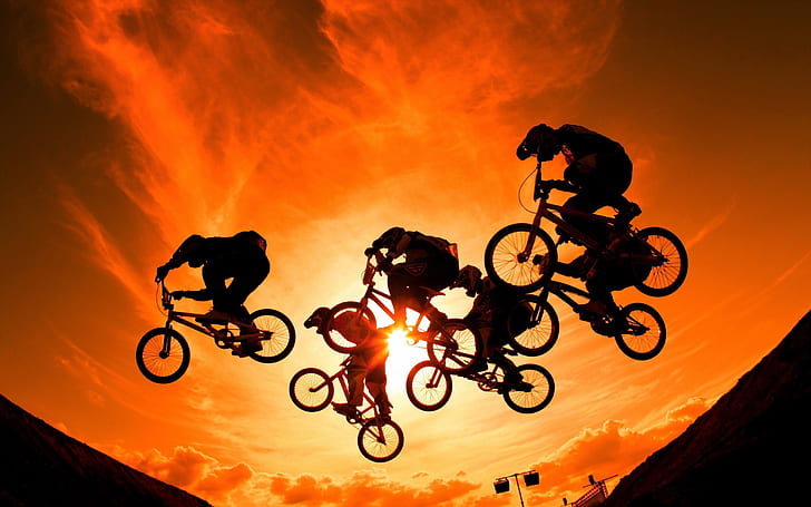cyclists, sun, sky, sunset, HD wallpaper