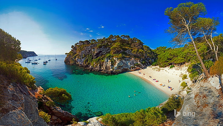 badan air dikelilingi oleh pulau, lanskap, Menorca, laut, teluk, pantai, Wallpaper HD