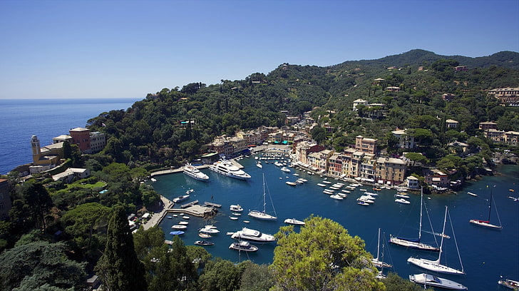 coast, Bay, yachts, Italy, panorama, boats, The Ligurian sea, Italia, Portofino, Liguria, Ligurian Sea, HD wallpaper