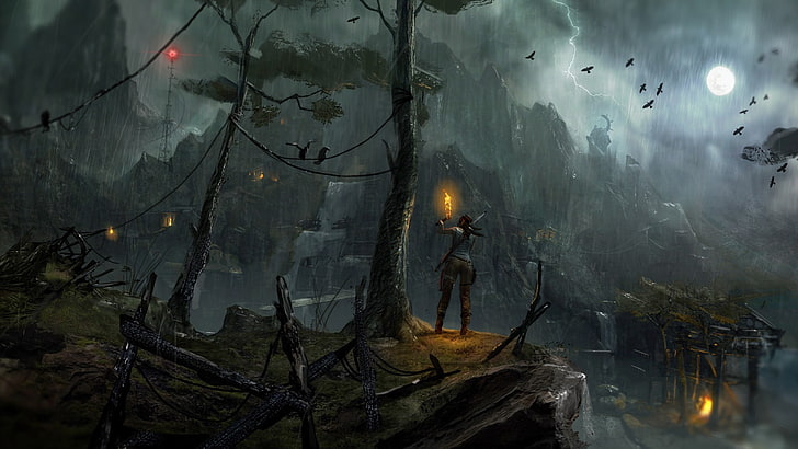Frau steht neben drei Taschenlampen, Videospiele, Tomb Raider, Lara Croft, HD-Hintergrundbild