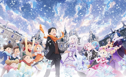re: zero, emilia, ram, rem, płatki śniegu, szczęśliwe twarze, Anime, Tapety HD HD wallpaper