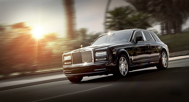 sedan preto Rolls Royce Phantom, rolls royce, fantasma, luxo, vista lateral, preto, movimento, HD papel de parede