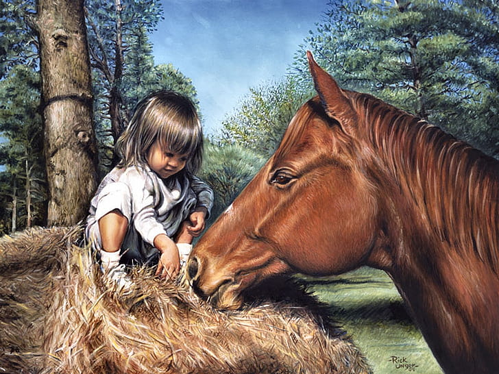 animal art Hay Baby With Horse Animals Horses HD Art , art, animal, child, equine, greeting, hay, HD wallpaper