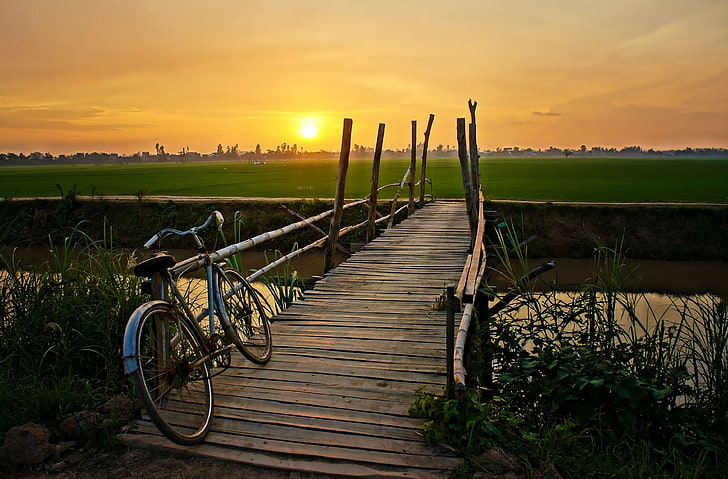 blue city bicycle, greens, field, the sky, leaves, water, the sun, trees, sunset, bridge, bike, lake, river, background, Wallpaper, mood, plant, the evening, bicycle, the bridge, widescreen, sun, full screen, HD wallpapers, HD wallpaper