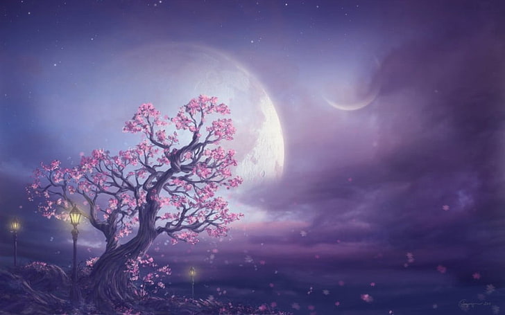 Pink Moon Fantasy Art, черешови цветове живопис, Art And Creative,, дърво, изкуство, луна, живопис, HD тапет