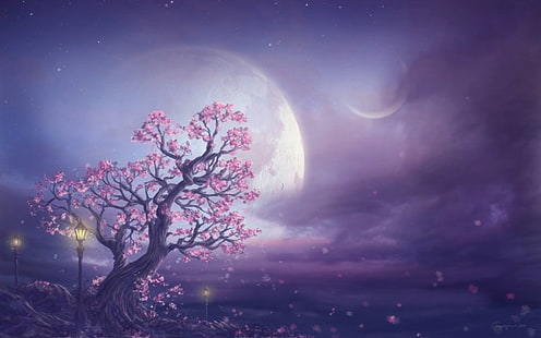 Pink Moon Fantasy Art ، رسم أزهار الكرز ، الفن والإبداع ، شجرة ، فن ، قمر ، رسم، خلفية HD HD wallpaper