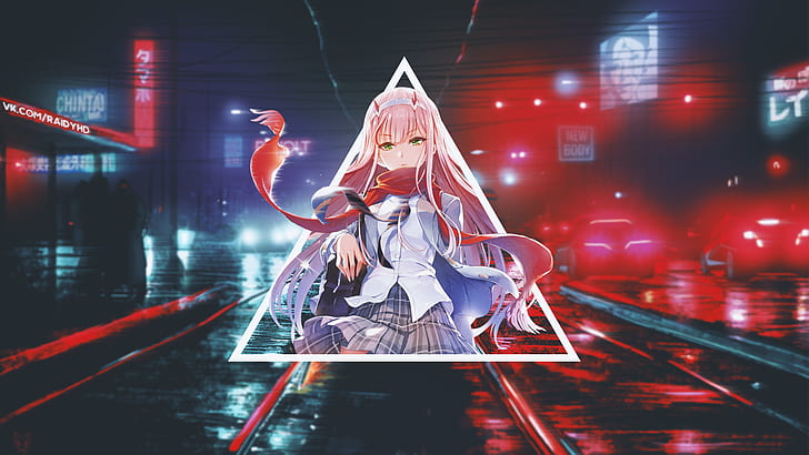 anime, picture-in-picture, anime girls, Zero Two (Darling in the FranXX), Darling in the FranXX, cyberpunk, HD wallpaper