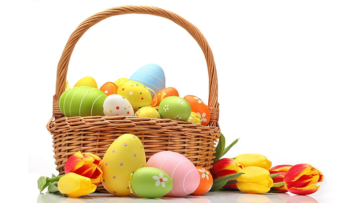 easter, basket, decoration, tulips, easter egg, easter eggs, HD wallpaper